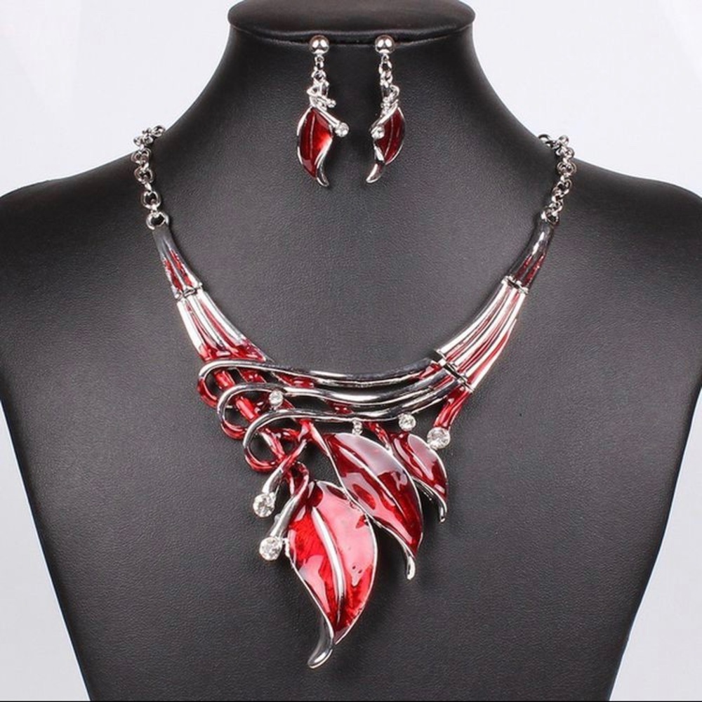 Red statement jewelry set.